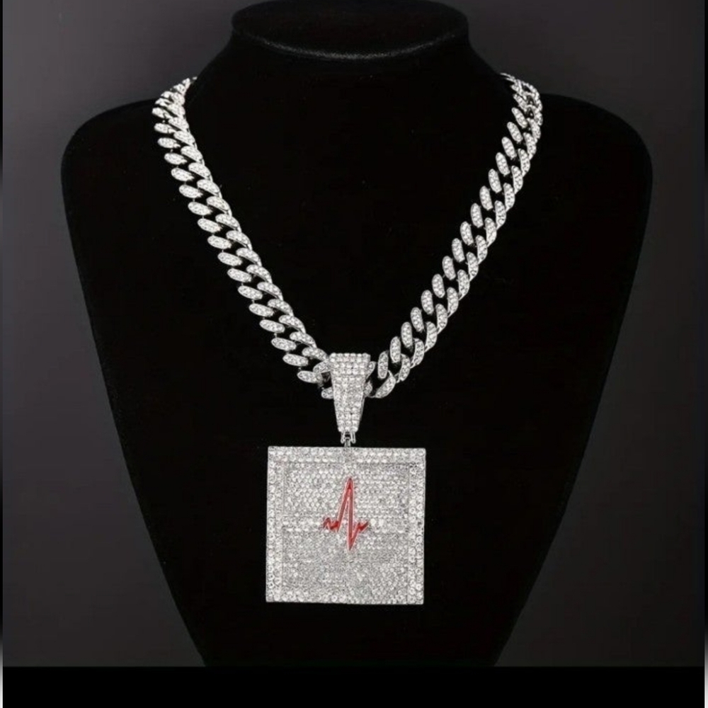Iced Lifeline Pulse Heartbeat Silverplated Bling CZ Pendant & Cuban Link…